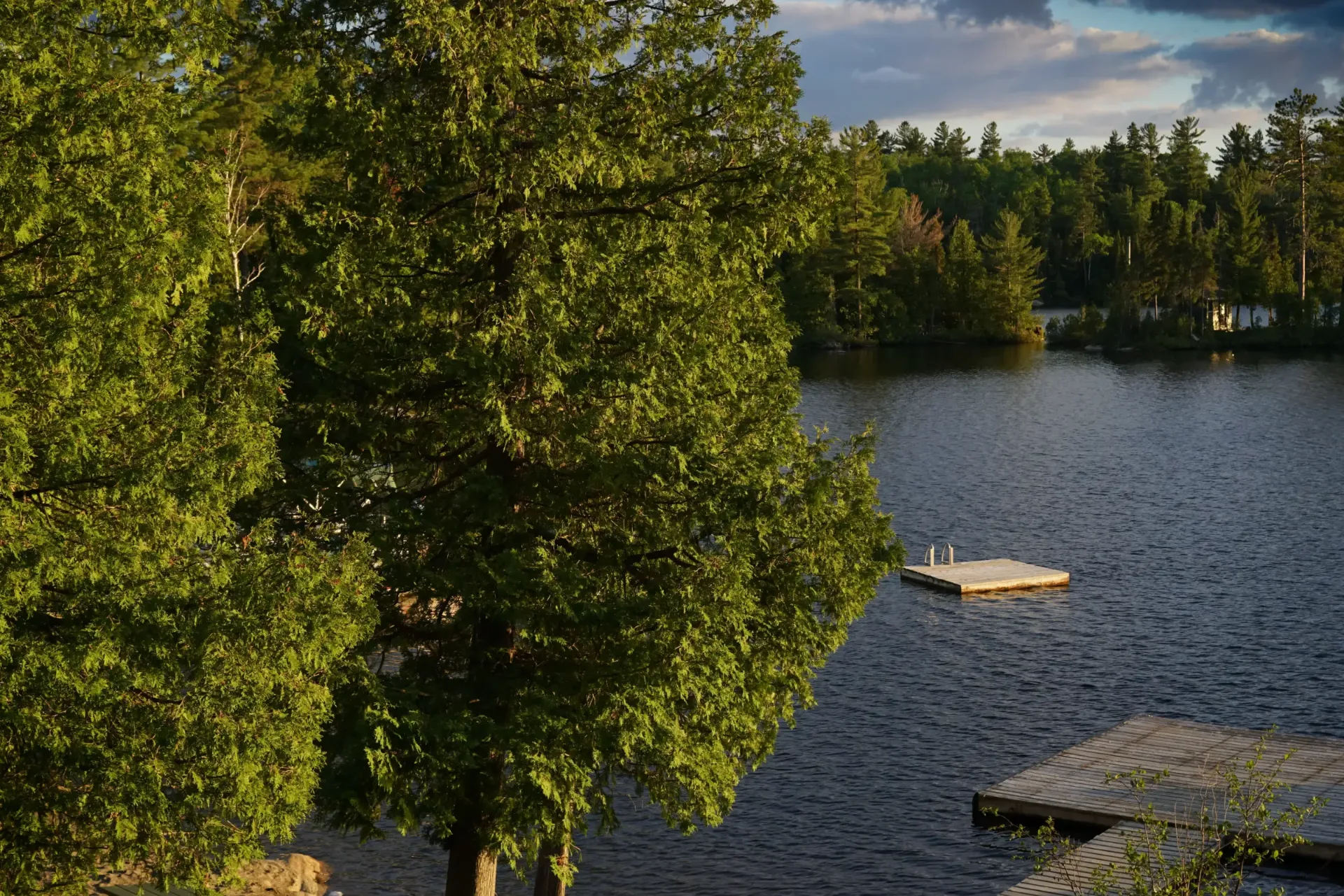 A calm lake at sunset